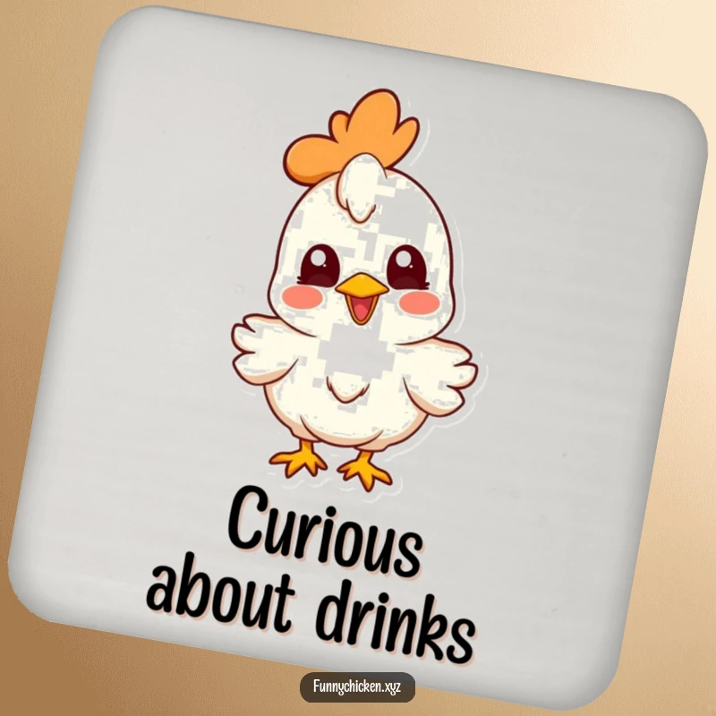Funny joyful chicken character drink coasters, head cocked curiously, providing humorous protection for tables.