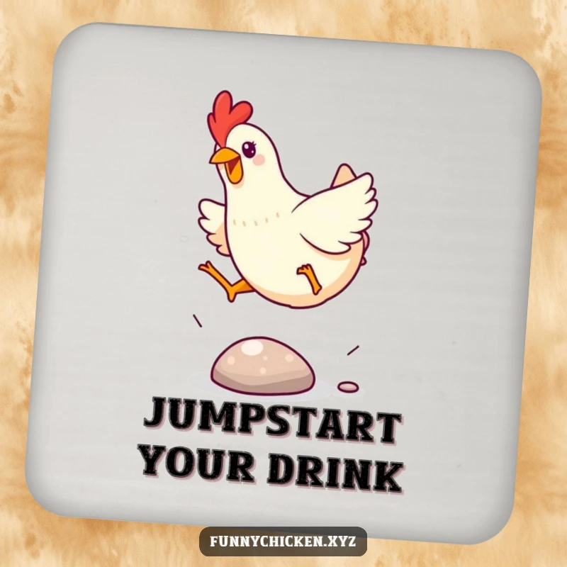 Funny Kawaii chicken coaster, depicting a chicken excitedly leaping over a small, shiny pebble, a dynamic and charming detail.