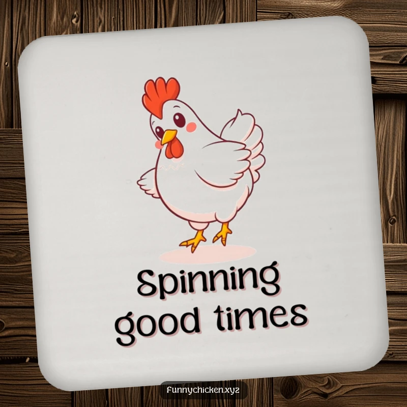 Funny Kawaii chicken coaster, depicting a giggling chicken spinning with its tail feathers fanned out, a tiny dancer.
