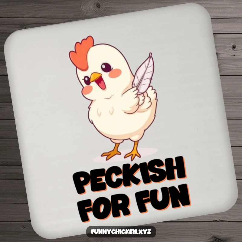 Funny drink coasters showcasing a chicken happily pecking a falling feather, adding a humorous element to drink service.