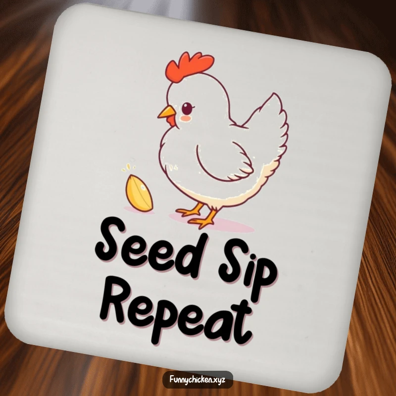 Funny chicken silhouette drink coasters, playfully pecking at a sparkling seed, offering humorous protection for tables.