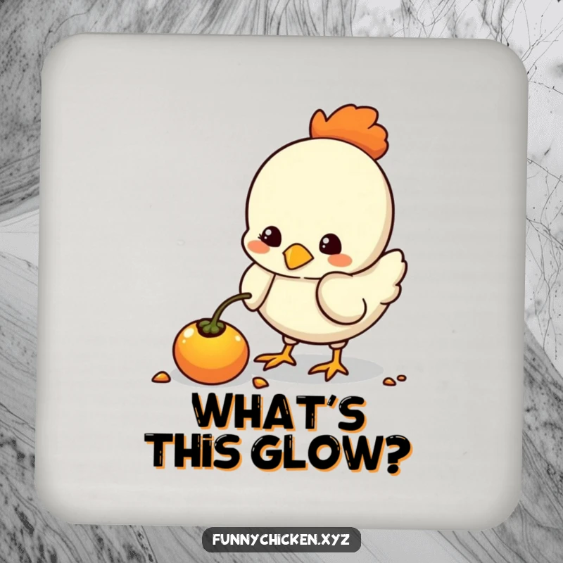Funny kawaii chicken coaster, pecking at a glowing seed, protecting surfaces with a humorous and adorable design.
