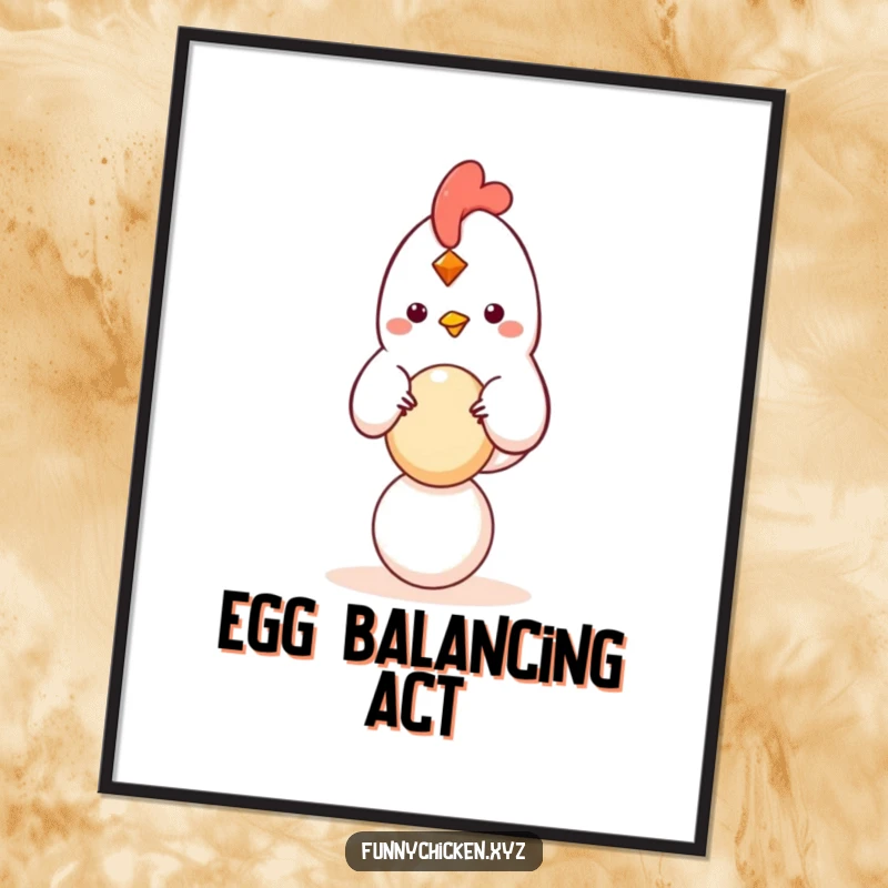 Funny kawaii chicken poster balancing a small, round egg, delicate and humorous wall art for a peaceful vibe.