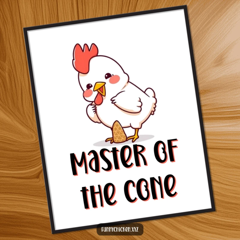 Funny poster art of a chicken comically trying to balance a small cone on its head, a study in hilarious determination.