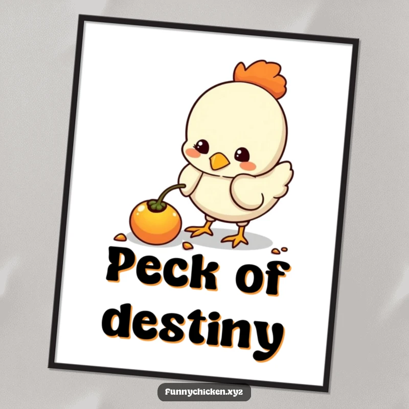 Funny kawaii chicken poster, pecking curiously at a glowing seed, vibrant and charming wall art for a playful vibe.