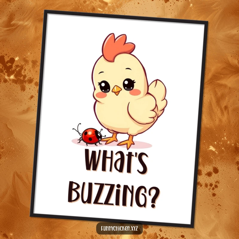 Funny Kawaii chicken poster, showing a curious chicken with wide eyes watching a ladybug crawl nearby, a scene of gentle fascination.