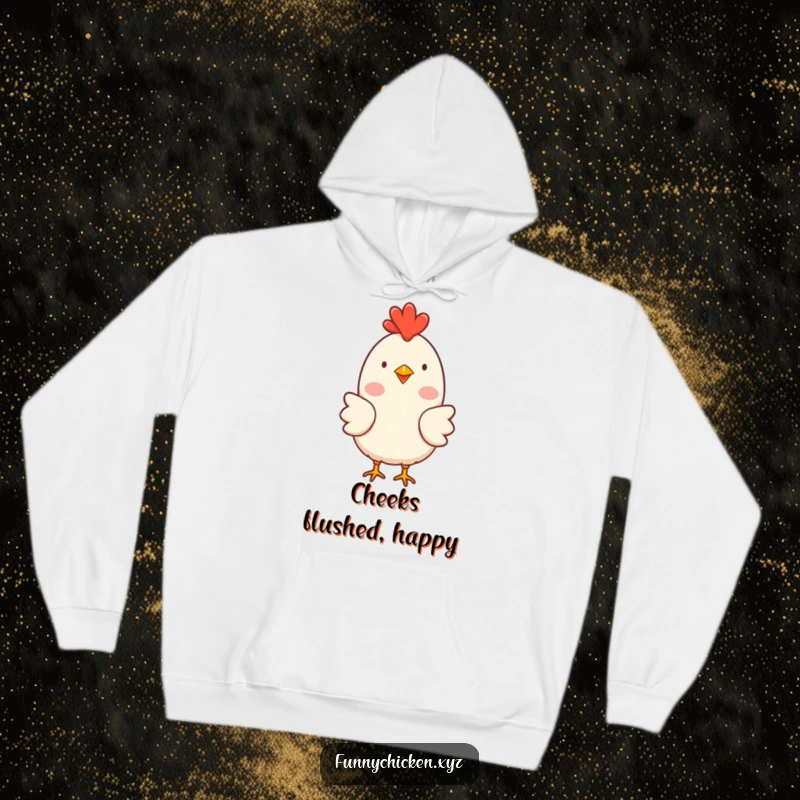 Funny simple chicken character hoodie with rosy cheeks, clucking happily, offering cozy humor for loved ones.