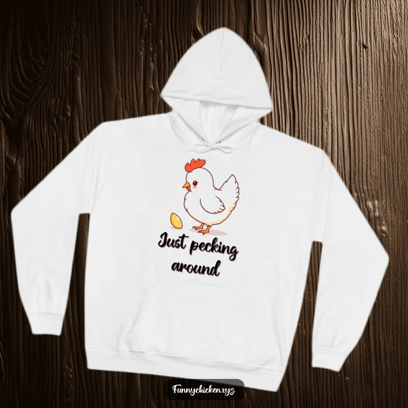 Funny chicken silhouette in a cozy hoodie, playfully pecking at a sparkling seed, radiating warmth and humor.