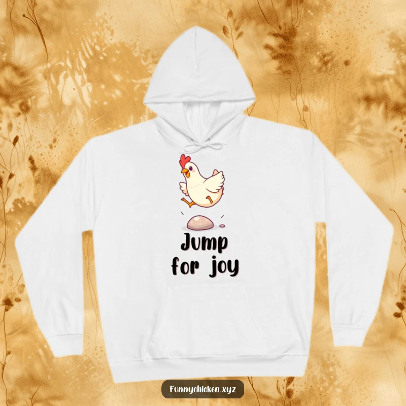 Funny Kawaii chicken hoodie, showing a chicken excitedly leaping over a small, shiny pebble in a moment of playful agility.