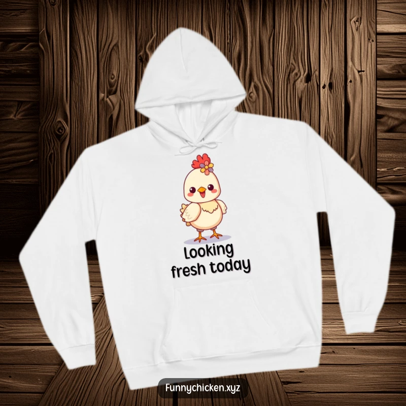 Funny Kawaii chicken hoodie, showing a delighted chicken strutting proudly, a colorful flower adorning its crest.