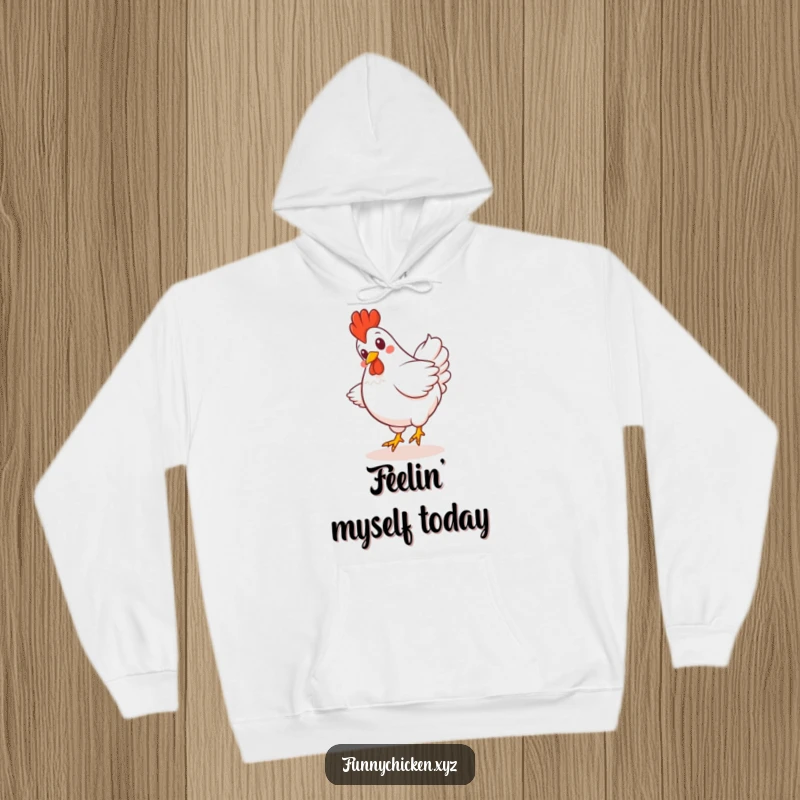 Funny Kawaii chicken hoodie, giggling and spinning joyfully, with tail feathers fanned out in a comical display.