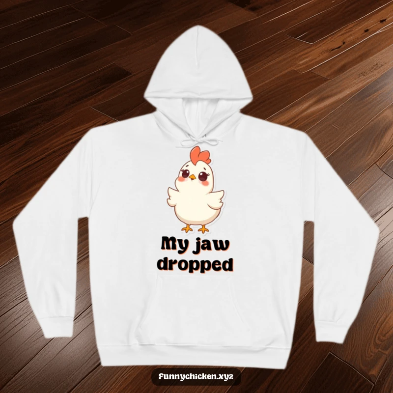 Funny hoodie featuring a chicken with a comically shocked expression, eyes wide and beak open, looking intently upwards.