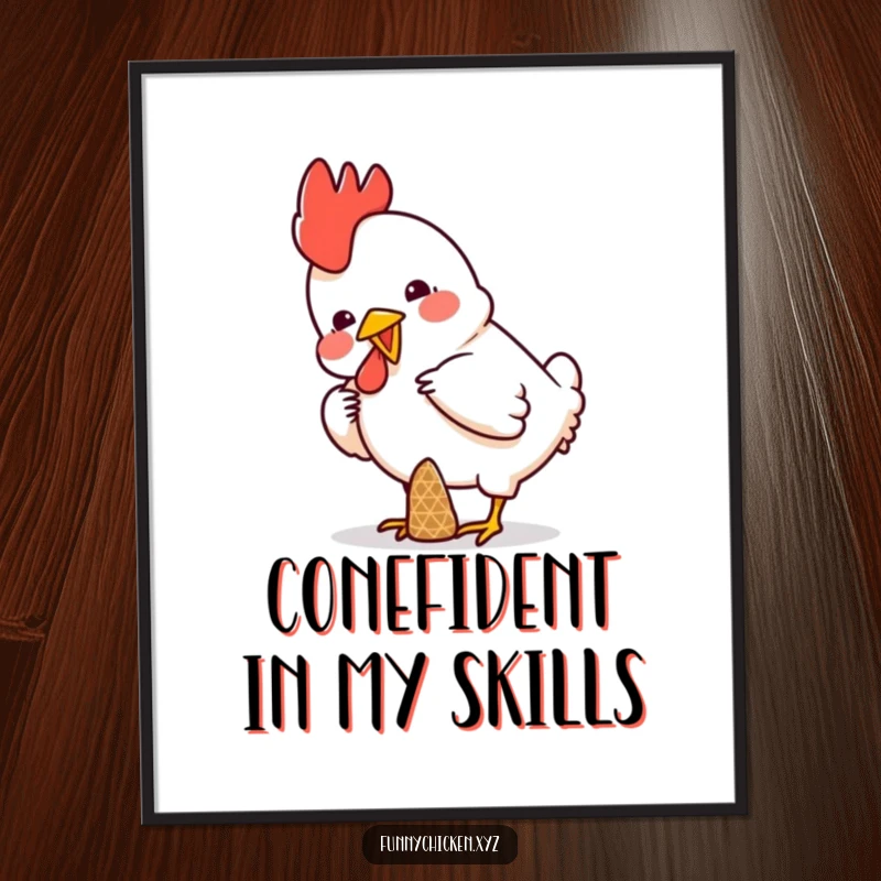 Funny Free Printable Wall Art: A chicken comically balancing a small, decorative cone on its head.