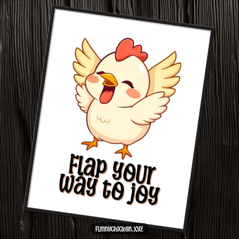 Funny Free Printable Wall Art: a cute chicken beaming with a wide grin, wings flapping in sheer excitement. Downloadable quirky decor.