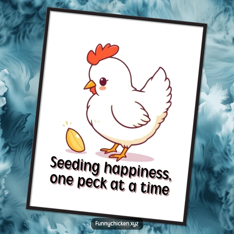 Funny Free Printable Chicken Wall Art displaying a playful silhouette pecking at a sparkling seed, humorous downloadable decor.