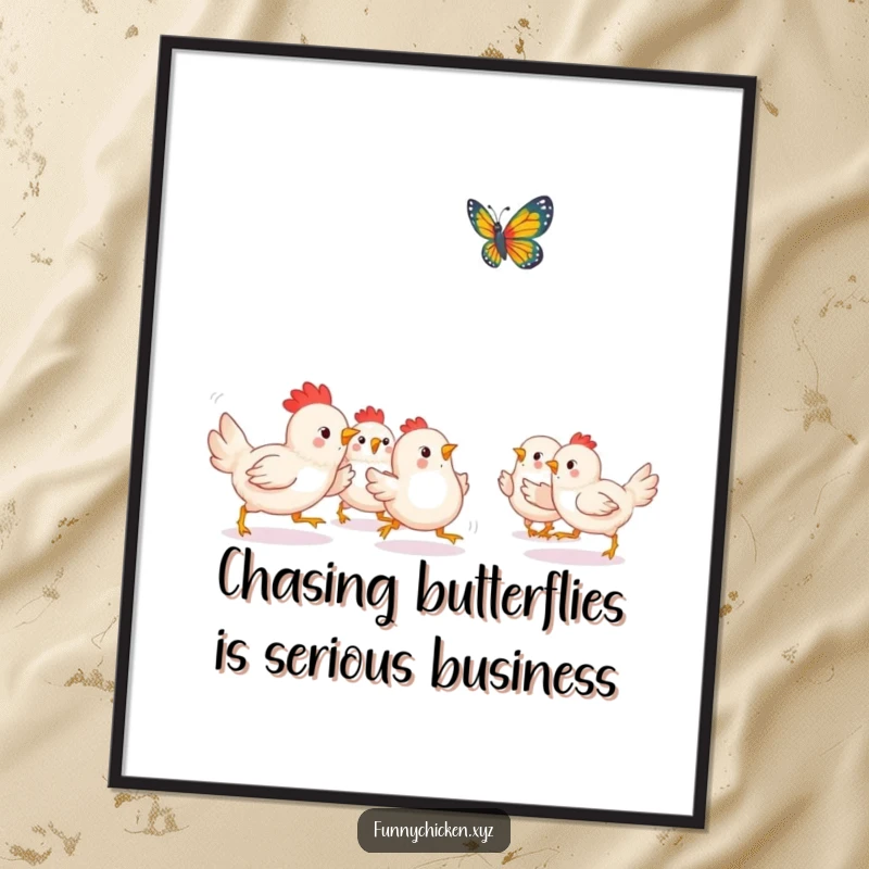 Funny Free Printable Wall Art: A group of happy Kawaii chickens joyfully chasing a vibrant, fluttering butterfly.