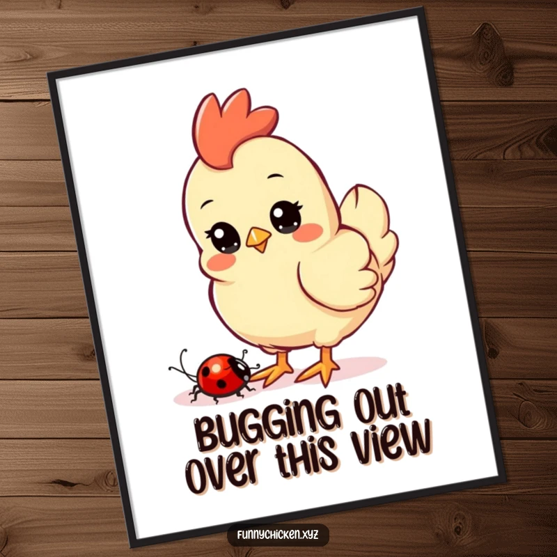 Funny Free Printable Wall Art: A Kawaii chicken with wide, curious eyes observing a ladybug's gentle crawl nearby.