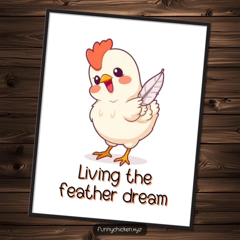 Funny Free Printable Wall Art: A joyful chicken intently pecking at a single descending feather.