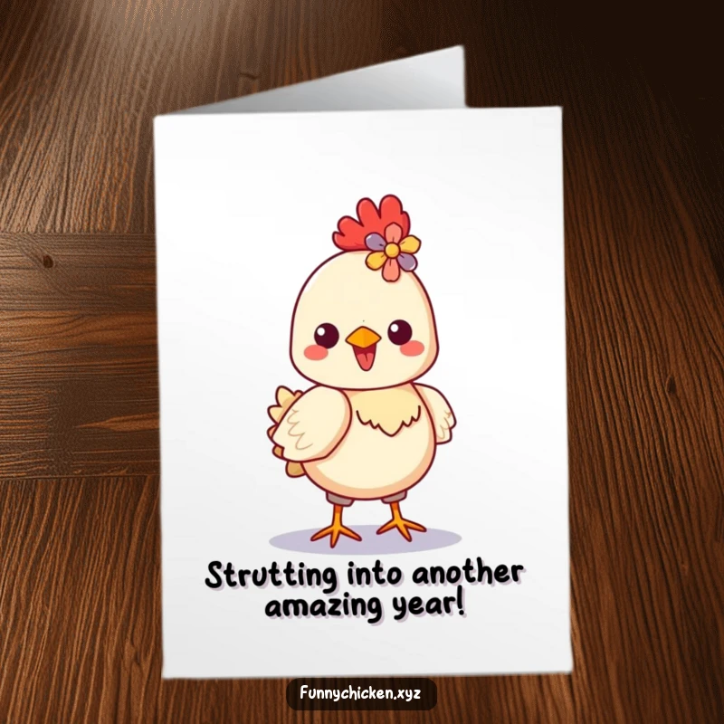 Funny Free Printable Birthday Card: A delighted Kawaii chicken strutting proudly, sporting a vibrant flower in its crest.