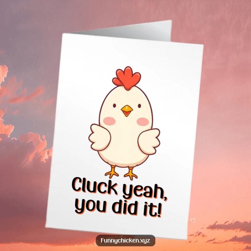 Funny Free Printable Chicken Congratulations Card featuring a happy chicken with rosy cheeks, clucking joyfully, a unique downloadable.