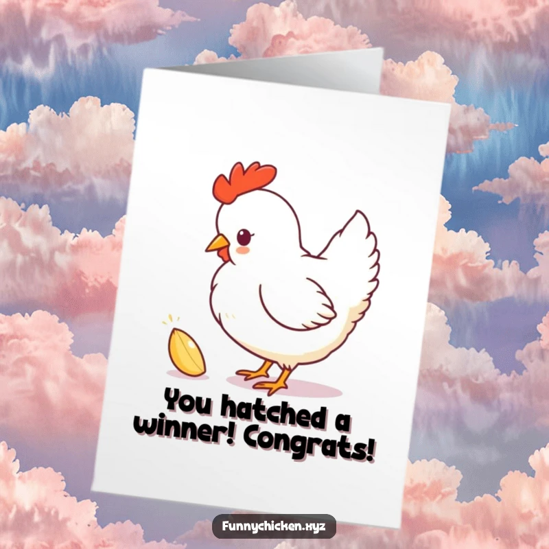 Funny Free Printable Chicken Congratulations Card showing a silhouette pecking playfully at a sparkly seed, a unique downloadable.