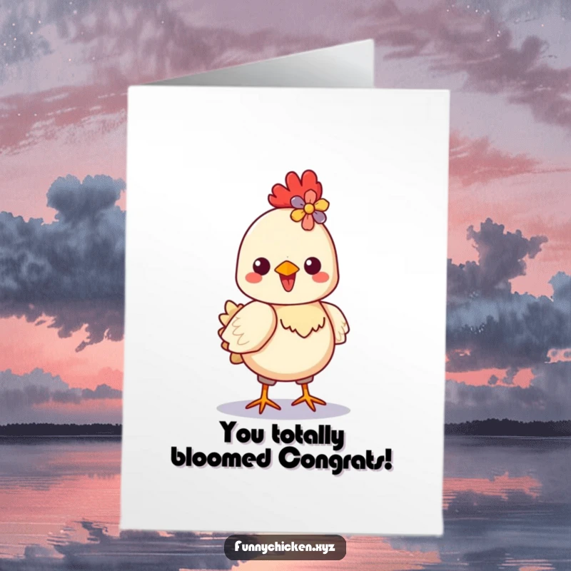 Funny Free Printable Congrats Card: A delighted Kawaii chicken strutting with pride, a colorful flower adorning its crest.