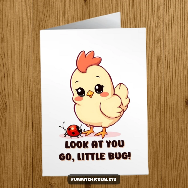 Funny Free Printable Congrats Card: A curious Kawaii chicken observing a ladybug as it crawls close by.