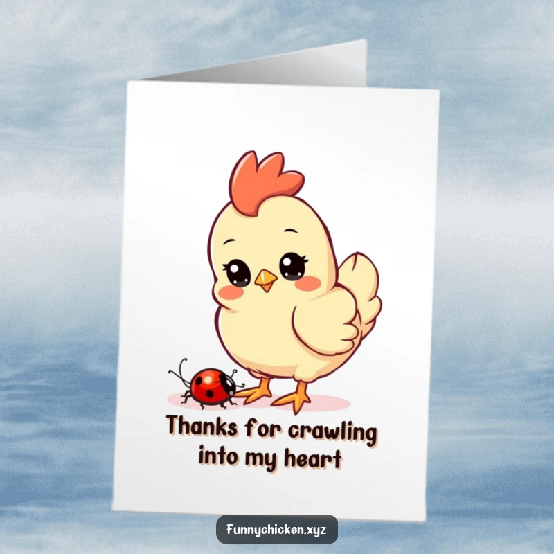Funny Free Printable Thank You Card: A Kawaii chicken with curious eyes focused on a ladybug crawling nearby.
