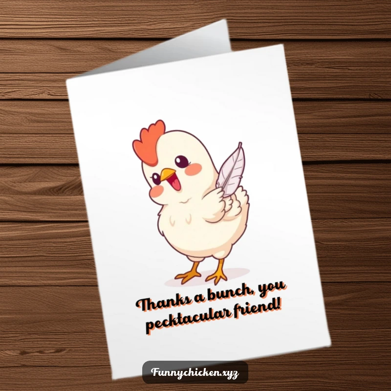 Funny Free Printable Thank You Card: A contented chicken focused on pecking a falling feather.
