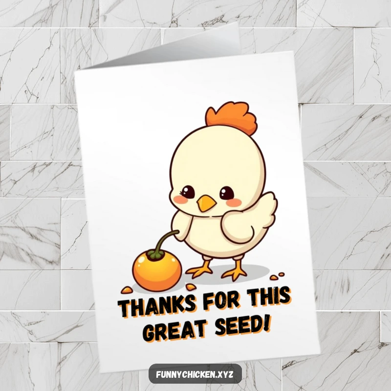 Funny Free Printable Thank You Card: Cute kawaii chicken pecking curiously at a glowing seed, showing gratitude.