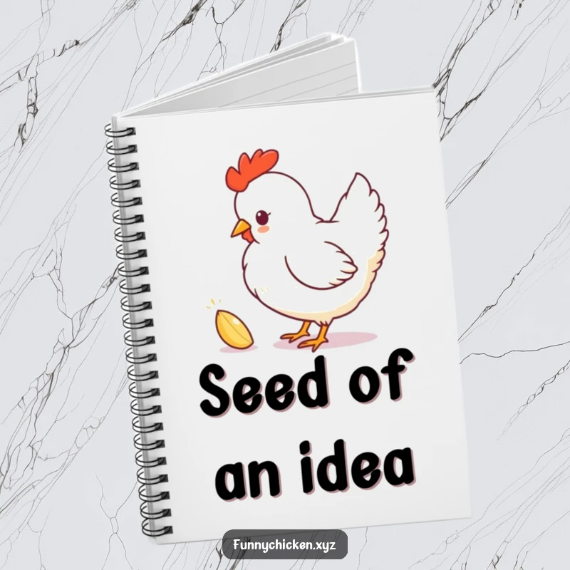 Funny chicken silhouette notebook, playfully pecking at a sparkling seed, for jotting down notes with humor.