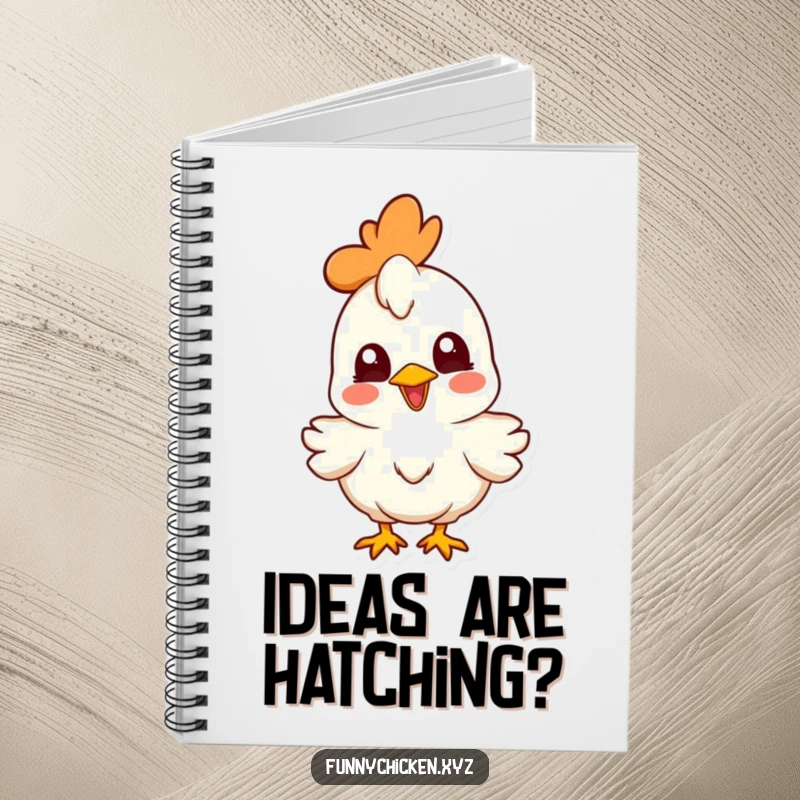 Funny joyful chicken character notebook, head cocked curiously, for humorous journaling and note-taking.