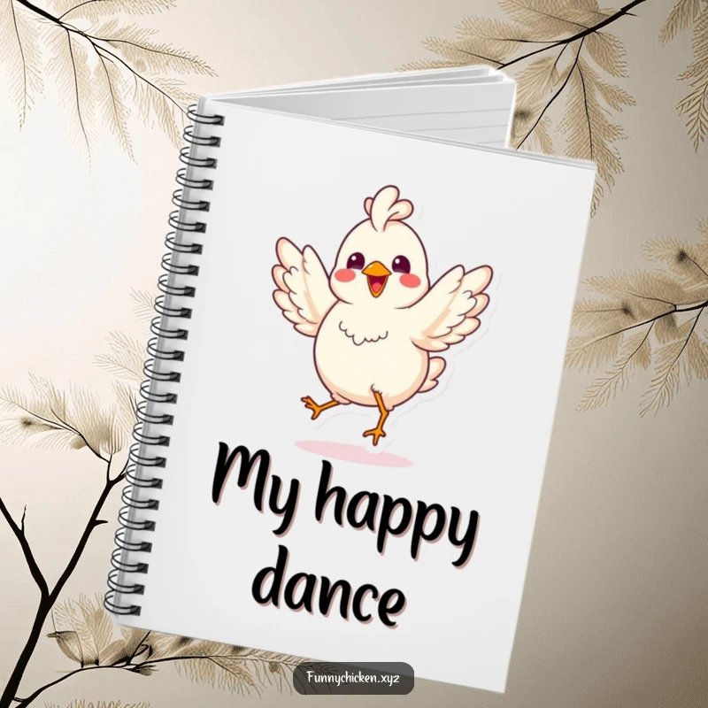 Funny kawaii chicken notebook, doing a joyful jig with spread wings, perfect for noting down happy thoughts with humor.