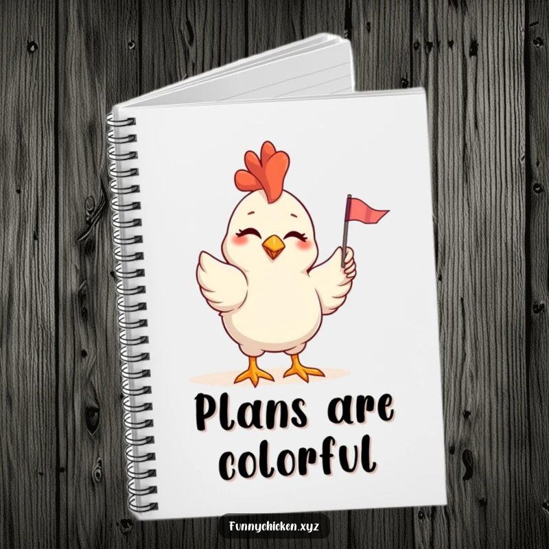 Funny notebook cover featuring a winking chicken waving a small, colorful flag, ideal for jotting down cheerful notes.