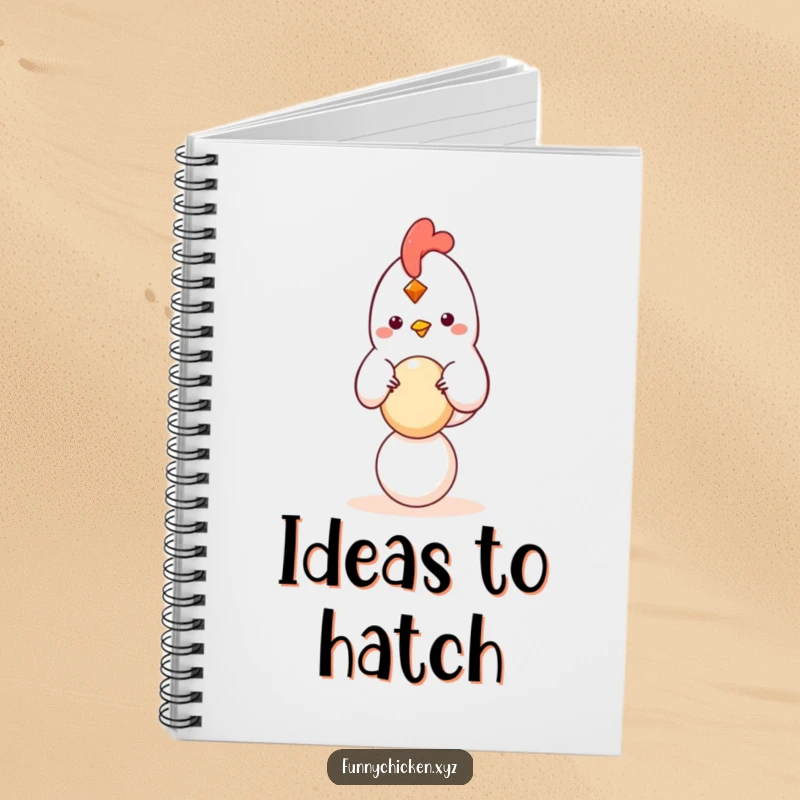 Funny kawaii chicken notebook balancing a small, round egg, perfect for jotting down calm thoughts with humor.