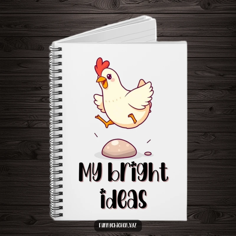Funny Kawaii chicken notebook cover, featuring a chicken excitedly leaping over a small, shiny pebble, a design full of dynamic fun.