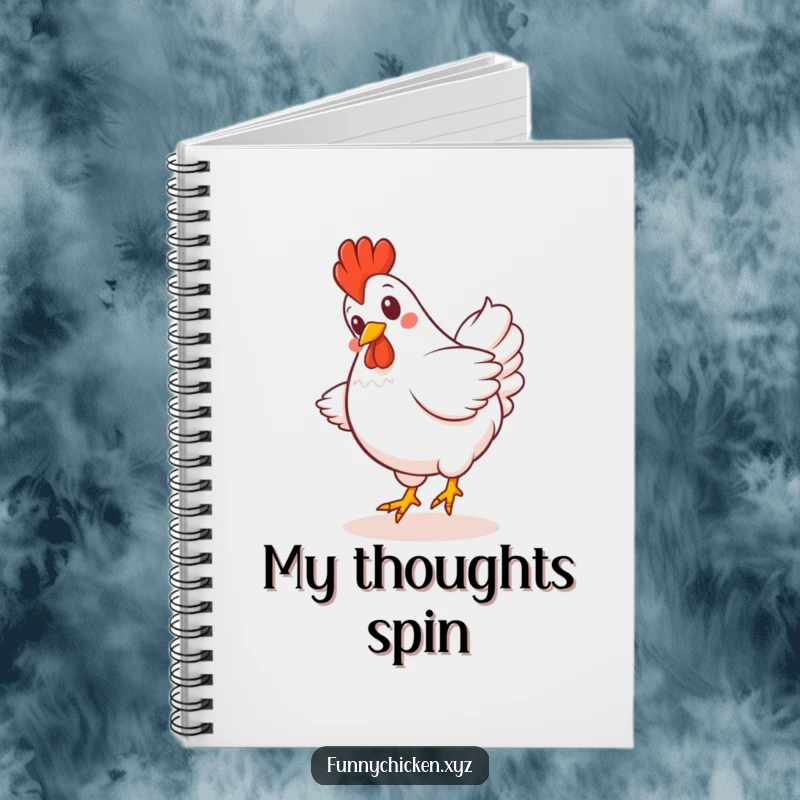 Funny Kawaii chicken notebook cover with a giggling chicken spinning joyfully, tail feathers fanned out in a whimsical design.