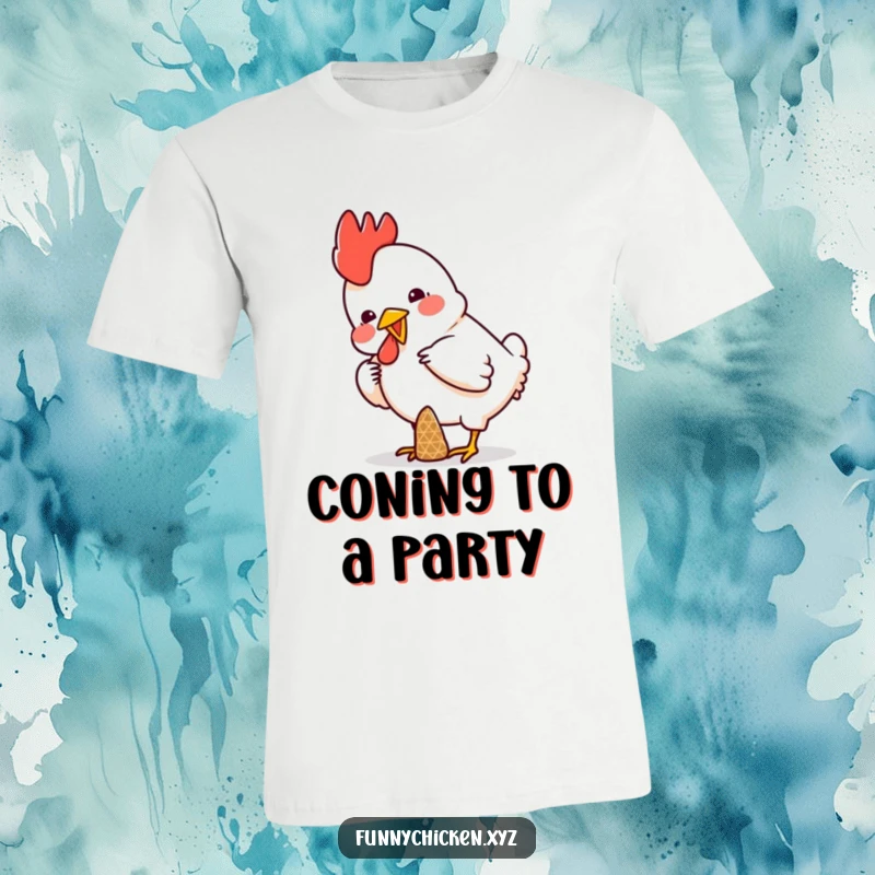 Funny t-shirt with a chicken comically attempting to balance a small, colorful cone on its head, looking quite perplexed.