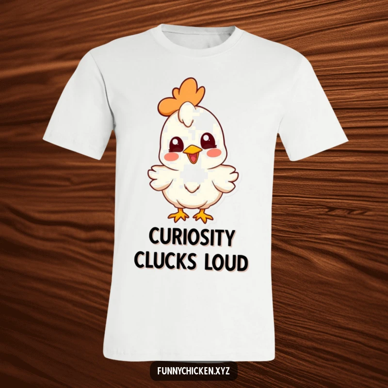 Funny joyful chicken t-shirt, head cocked in curiosity, great for humorous gifting and casual wear.