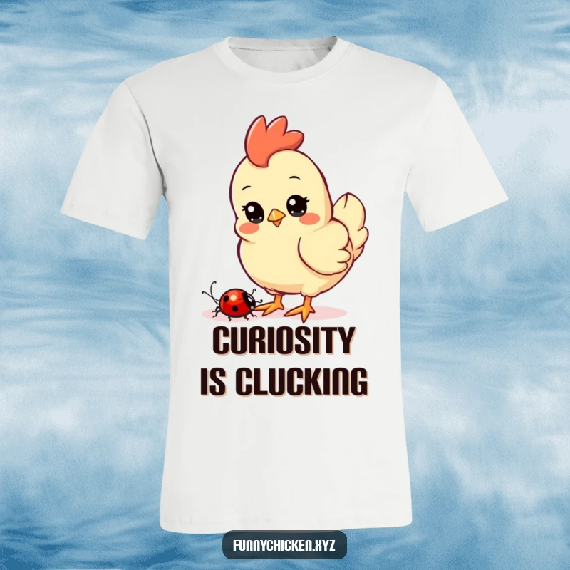 Funny Kawaii chicken t-shirt, depicting a curious chicken with wide eyes, watching a ladybug crawl nearby with interest.