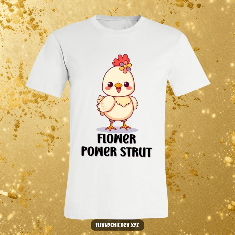 Funny Kawaii chicken t-shirt, depicting a proud chicken strutting with a vibrant flower in its crest, full of delight.