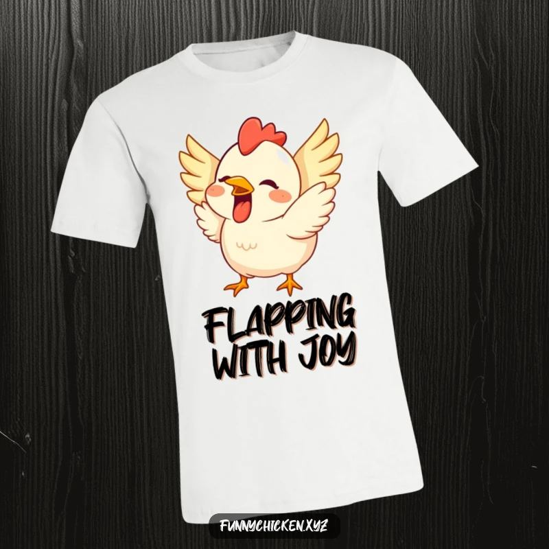 Funny t-shirt showcasing a cute chicken with a massive grin, its wings flapping wildly in excited celebration.