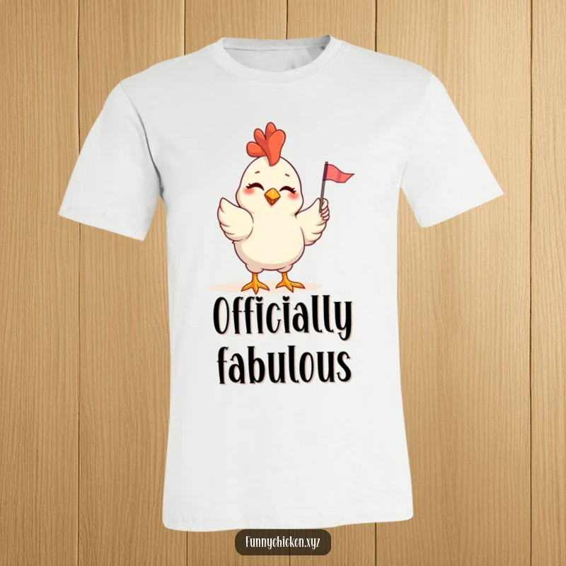 Funny t-shirt with a winking chicken cheerfully waving a small, multi-colored flag with its wing, radiating joy.
