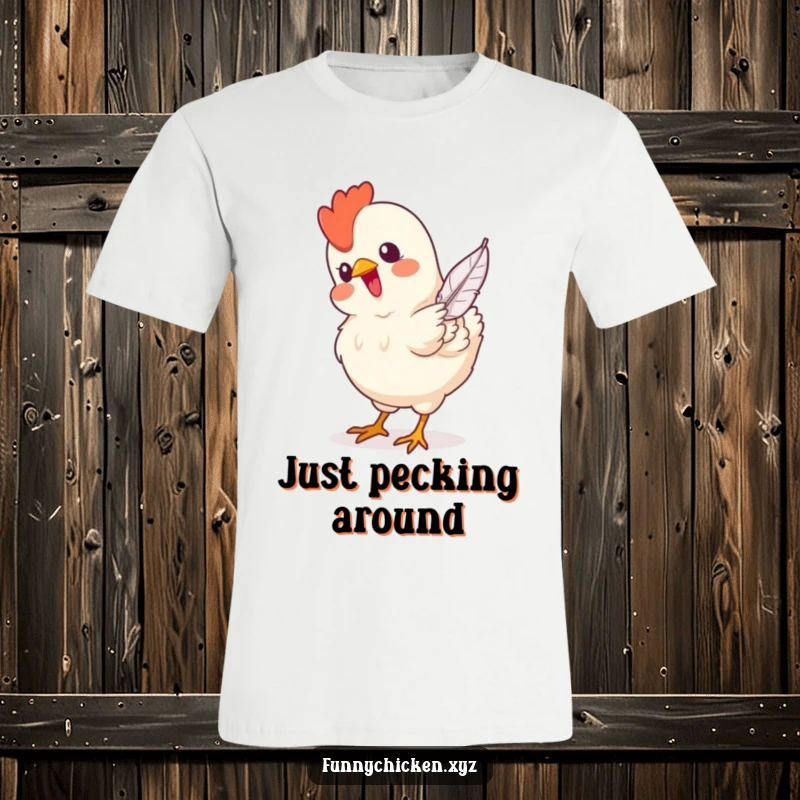 Funny t-shirt with a happy chicken intently pecking at a single, gracefully falling feather, showing pure concentration.