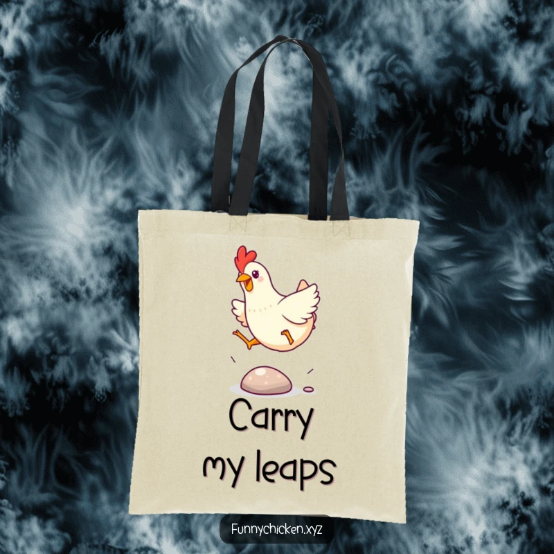 Funny Kawaii chicken tote bag, depicting a chicken excitedly leaping over a small, shiny pebble, a dynamic and fun design.