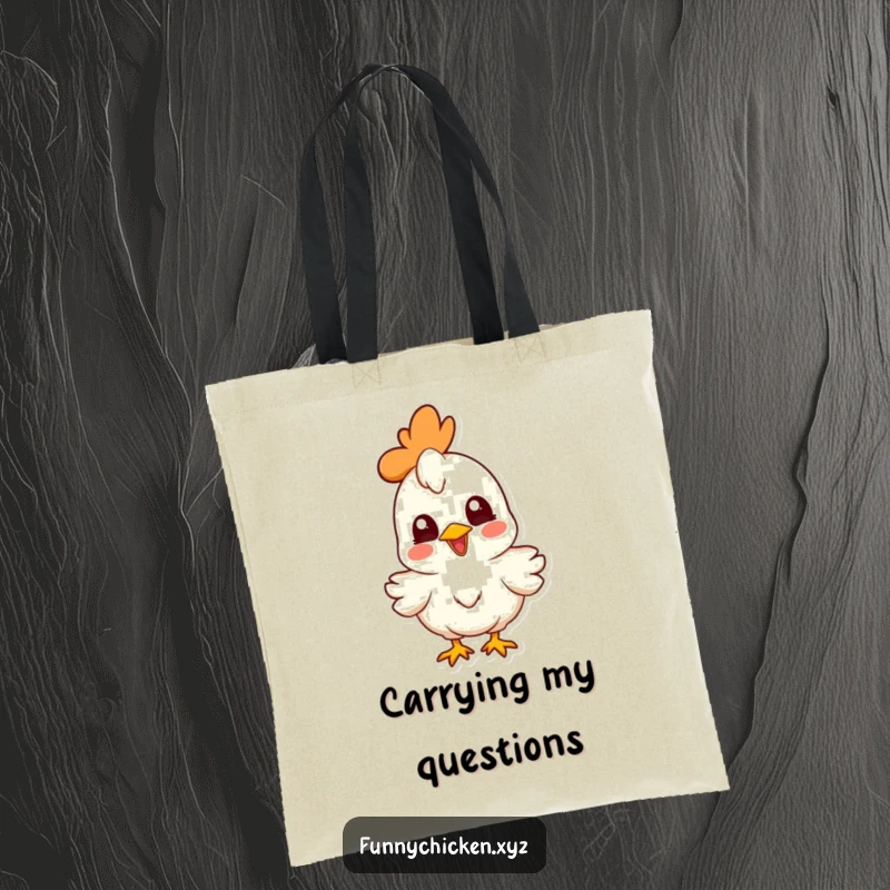 Funny joyful chicken character tote bag, head cocked curiously, a humorous and practical accessory for everyday use.