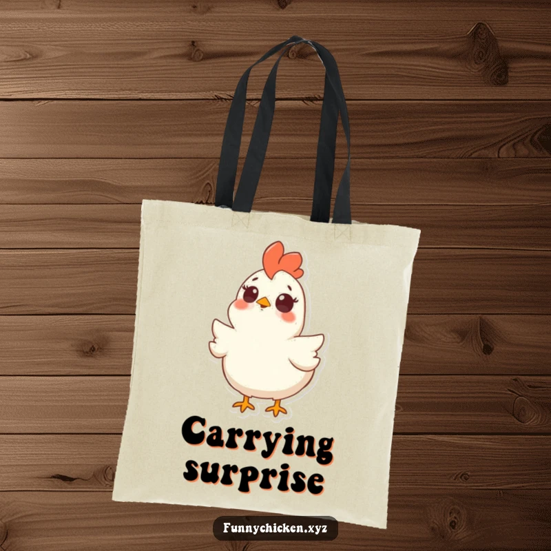 Funny tote bag featuring a chicken looking upwards with wide, surprised eyes and an open beak, a comical reaction.