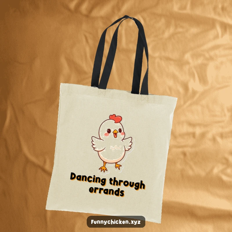 Funny stylized chicken character tote bag, doing a little bouncy dance, for humorous and energetic daily use.