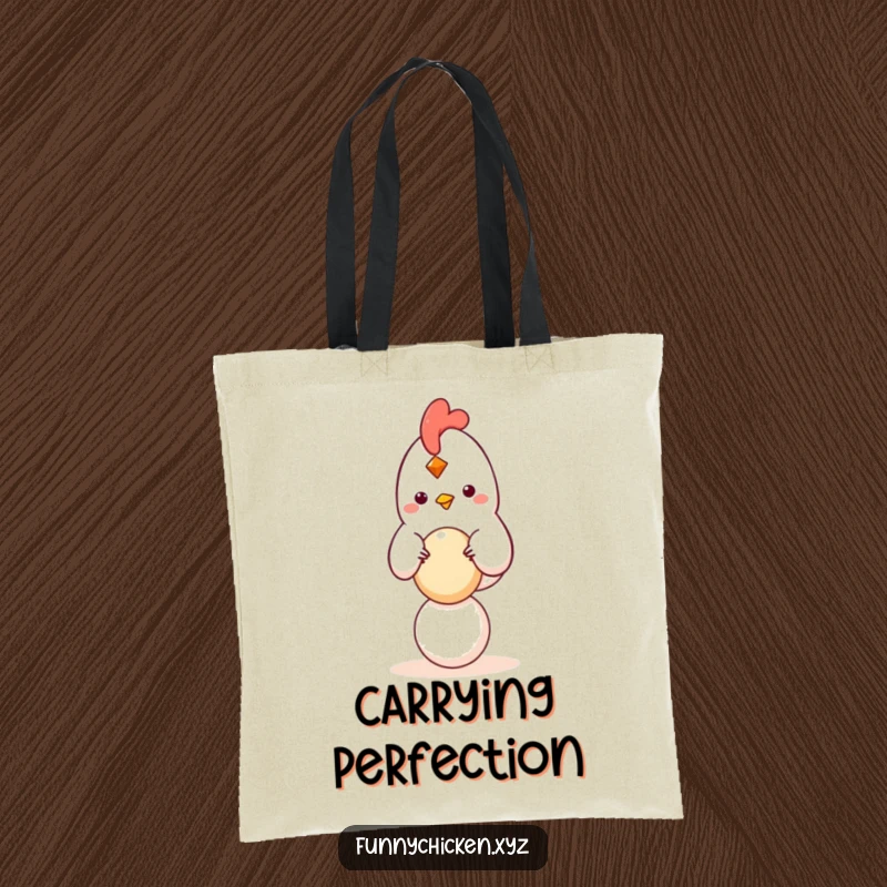 Funny kawaii chicken tote bag balancing a small, round egg, a humorous and practical accessory for daily use.