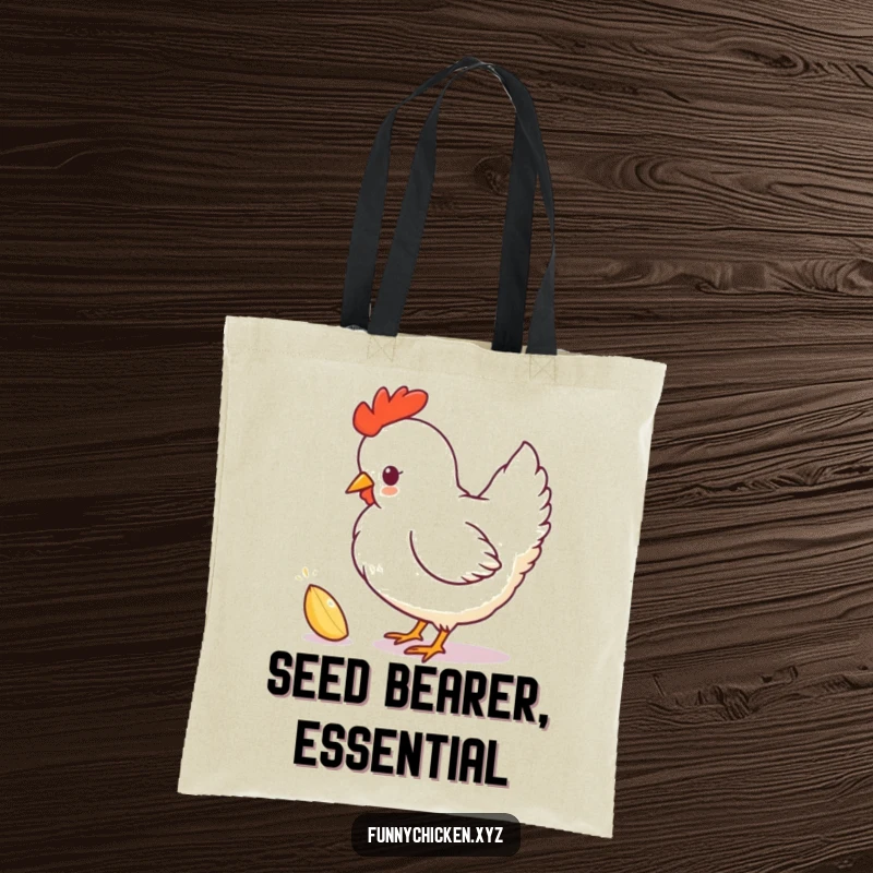 Funny chicken silhouette tote bag, playfully pecking at a sparkling seed, a stylish and humorous accessory for daily use.